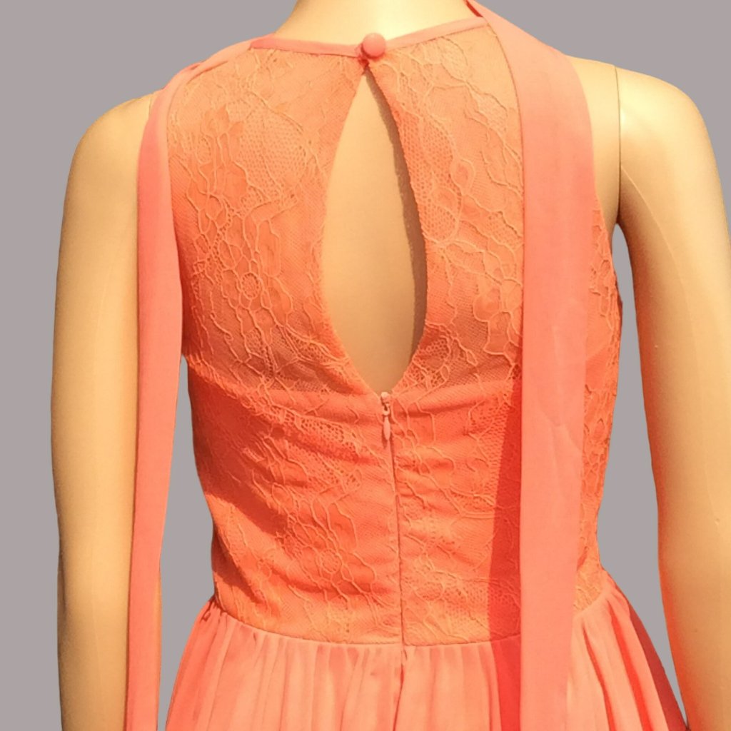 Cocomelody Size 2 Coral Sleeveless Dress Lace Chiffon Flowy Fairy Beachy Halter — image 5 of 8